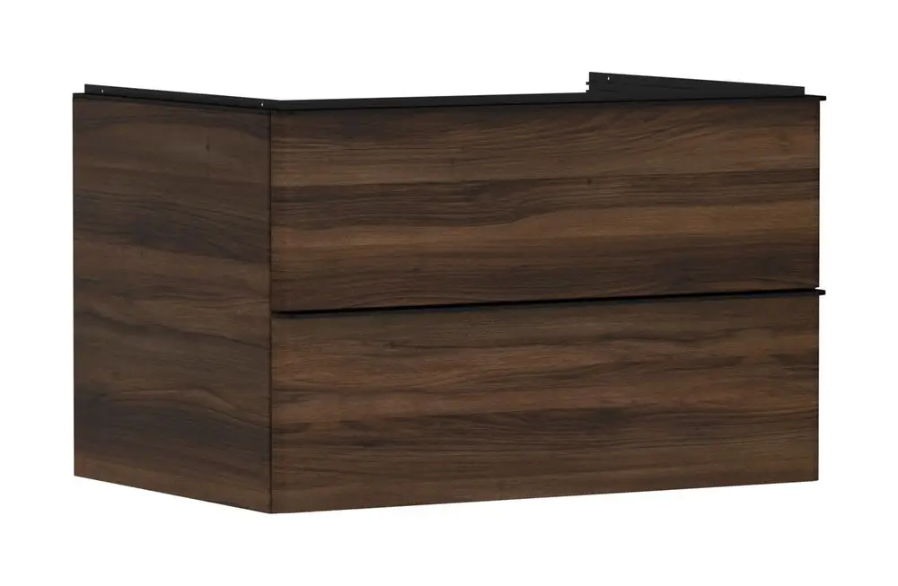 Waschtischunterschrank aus Holz mit zwei Schubkästen, dunkelbrauner Oberflächenstruktur. Teil der Hansgrohe Xelu-Serie für Aufsatzwaschtische.